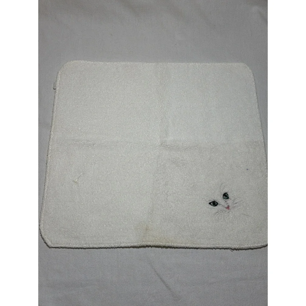 Vintage Dundee Jillian Rose Cat Towel‎ Set White Embroidered Cotton 3pc USA 80s